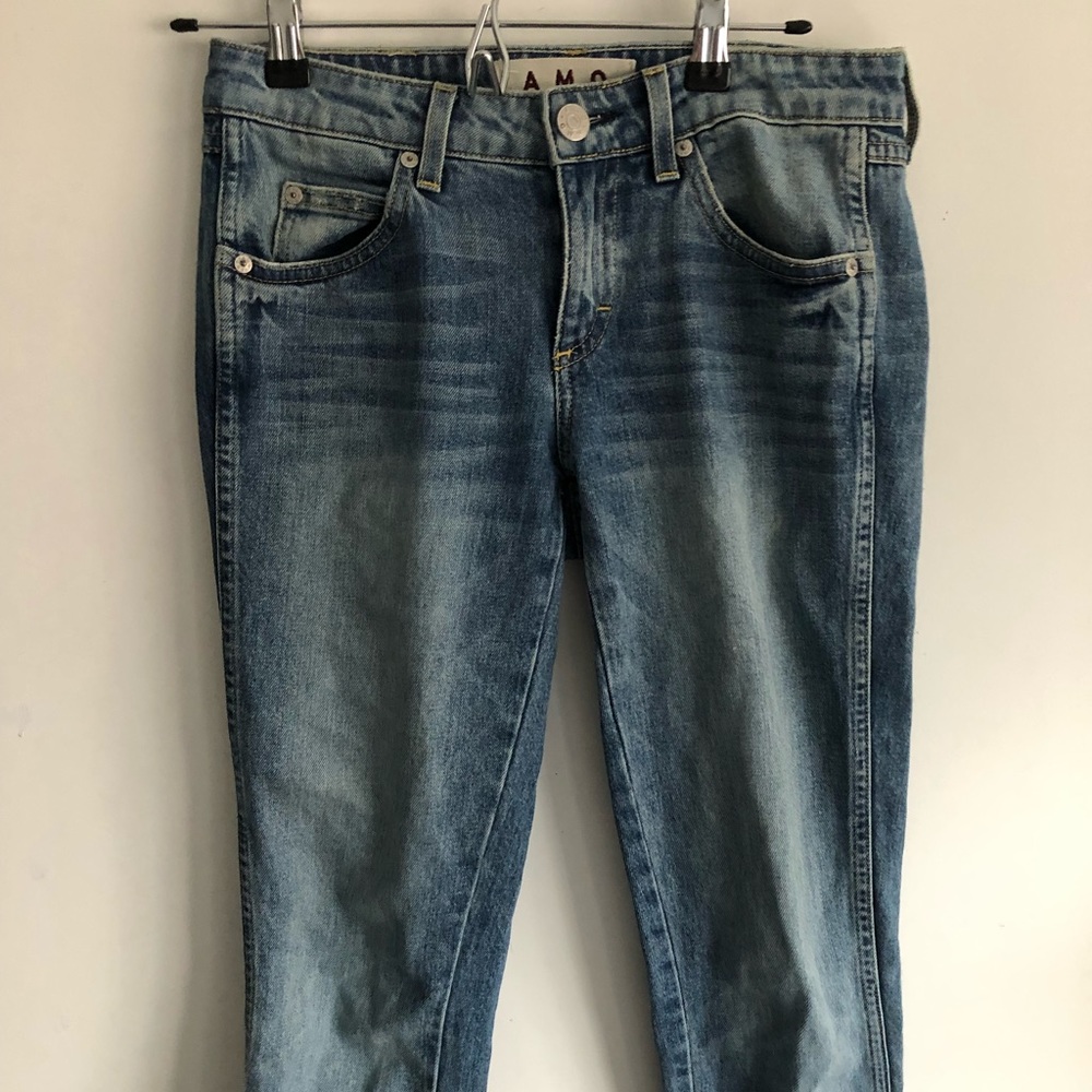 AMO denim jeans, straight leg mid rise.